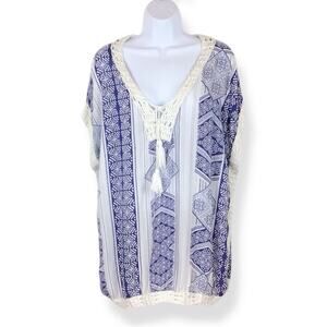 CHICO'S Beachy Coverup Kaftan Crochet Trim w/ Tassle Drawstring size S/M